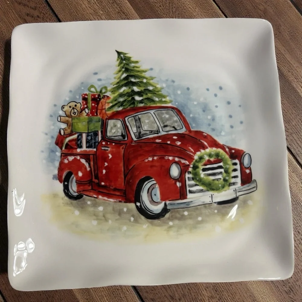 Maxcera Christmas Plates with a Red Truck and Tree Design-Set of 4